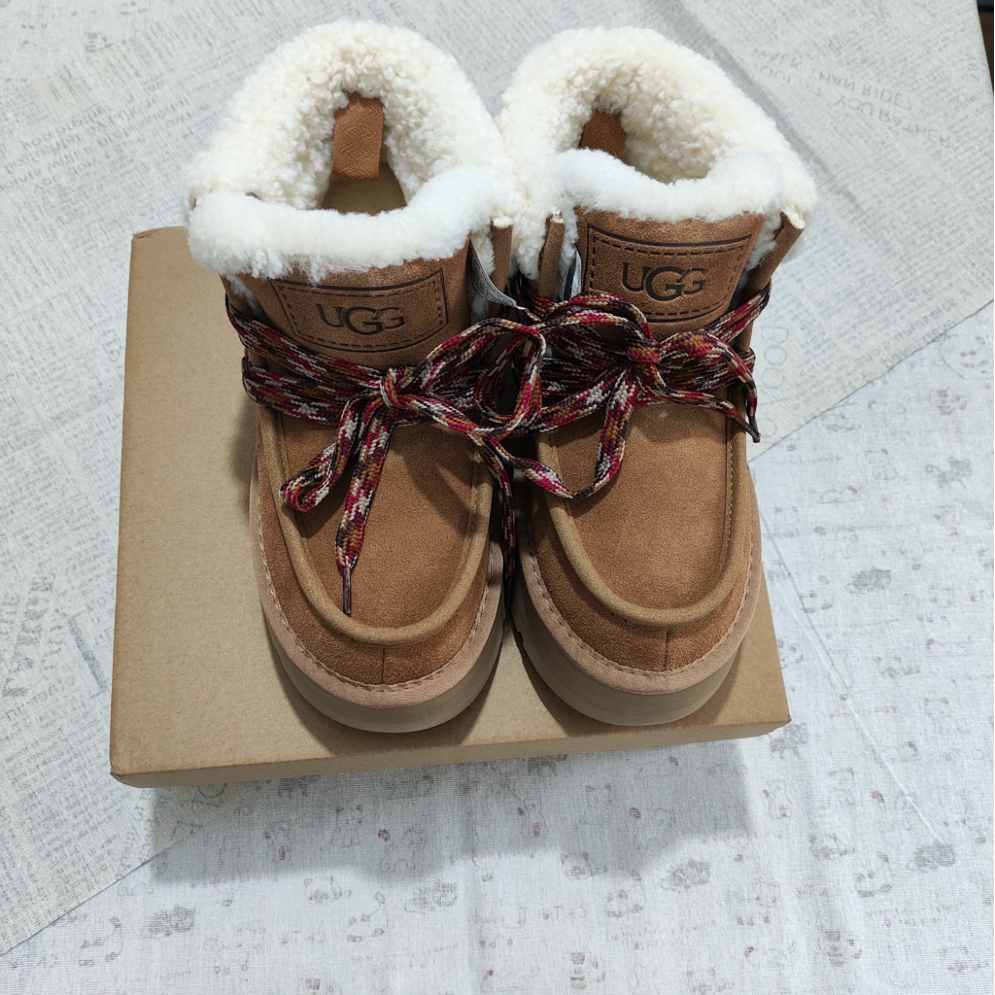 Ugg Platform Slipper Boots - Tan Suede With Plaid Laces, Cozy Shearling Lining